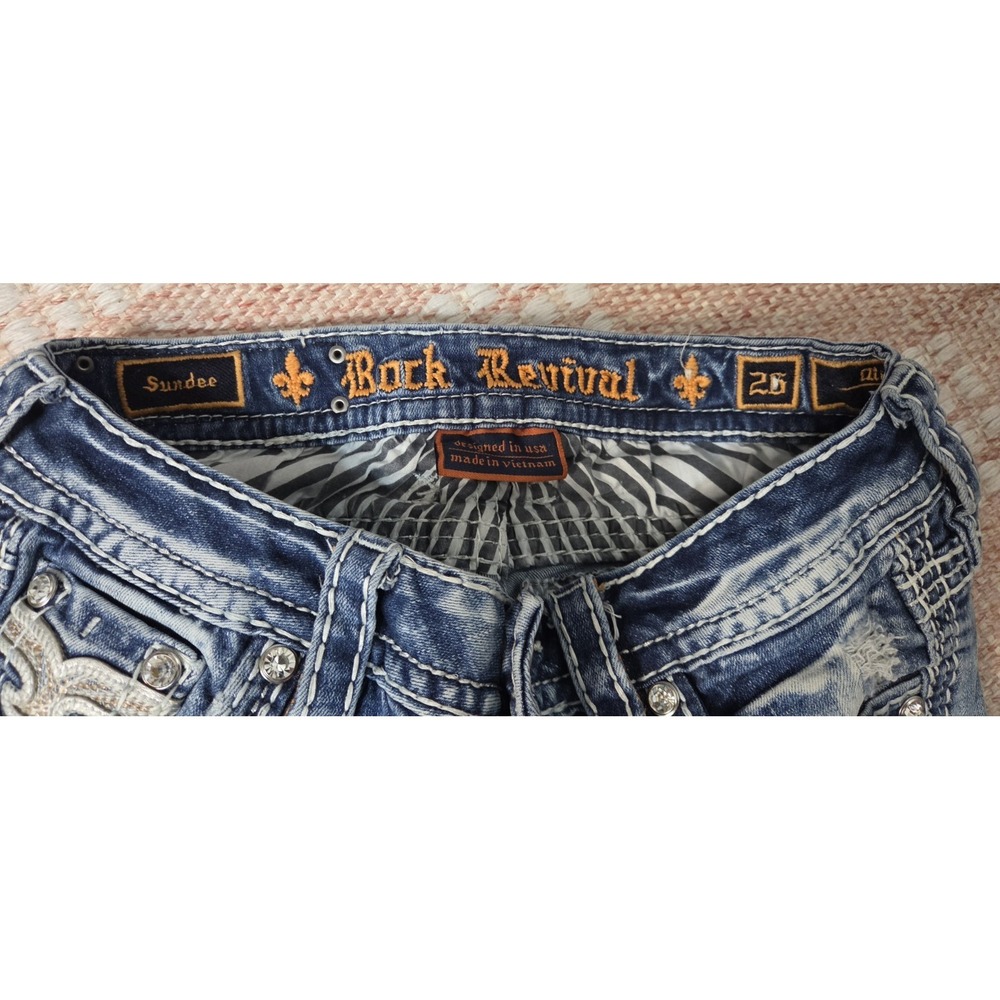 Y2K Rock Revival Jeans Womens 26 Boot Cut Sundee Embroidered Blue Distressed - Picture 3 of 5